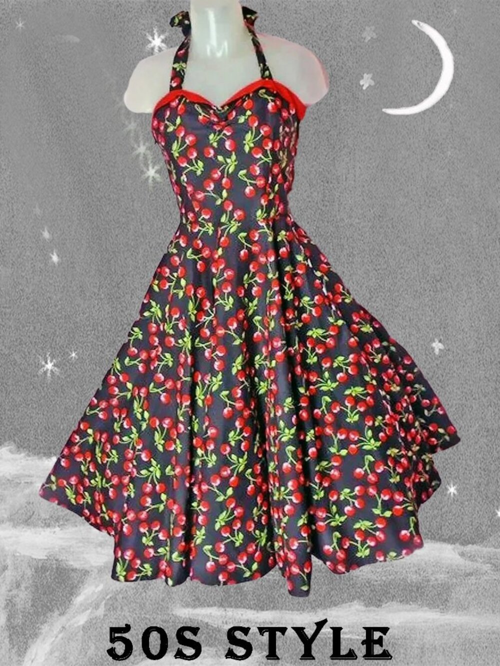 Summer Dress Halter 50s LOOK / 90s VTG Rockabilly PinUp Fit Flare Cherries!